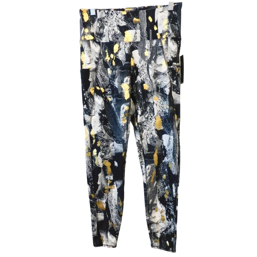 NWT Tahari Sport Women Size M Medium Black White Gold Athletic Leggings NEW